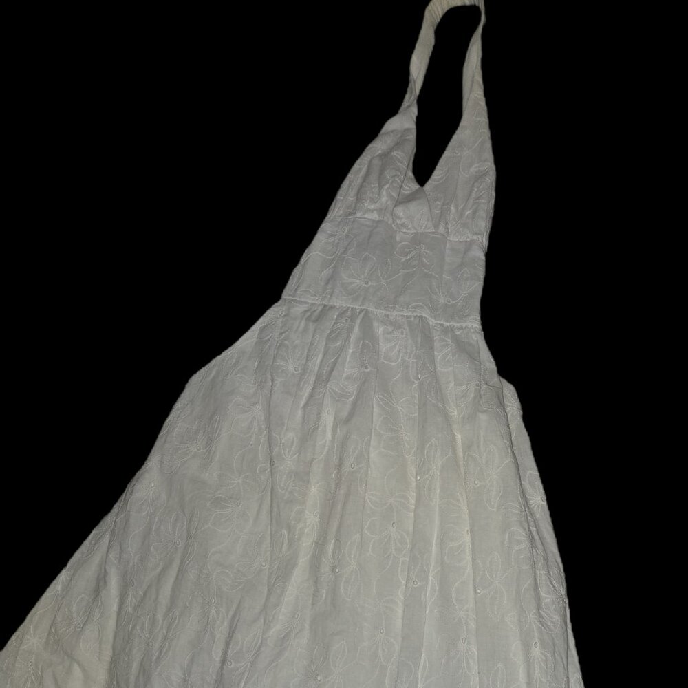 Bisou Bisou white floral embroidered halter dress.